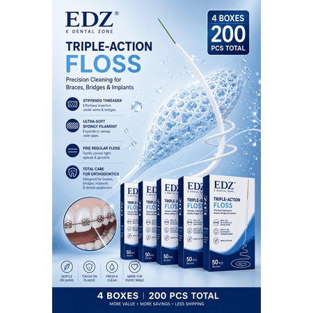 EDZ Triple-Action Floss for Braces, Bridges & Implants – Orthodontic Dental Floss with Built-In Threader, Ultra-Soft Spongy Filament, 4 Boxes / 200 Count