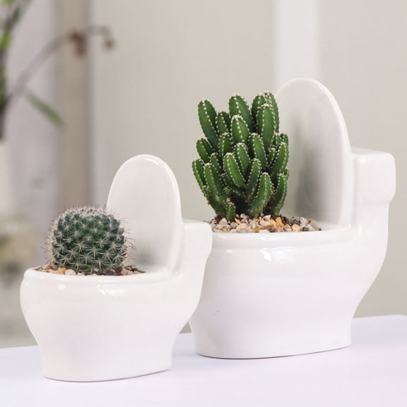 EDhome Toilet Shaped Decorative Herb Keeper, Breathable Drainage Hole Design, White Porcelain Small Flower Pots, European Style for Desktop Balcony Potted Herb Decor, White-S