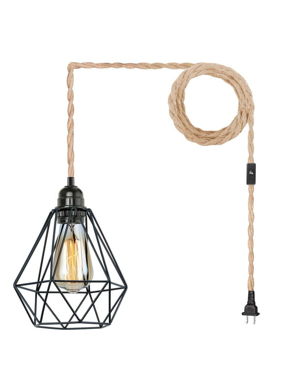 EE Eleven Master 15ft Hanging Pendant Light Kit Farmhouse Hemp Rope Light Cord Metal Cage Lampshade Lighting Fixture with Switch Plug in for Bedroom Living Room Kitchen DIY Decor UL Listed E26