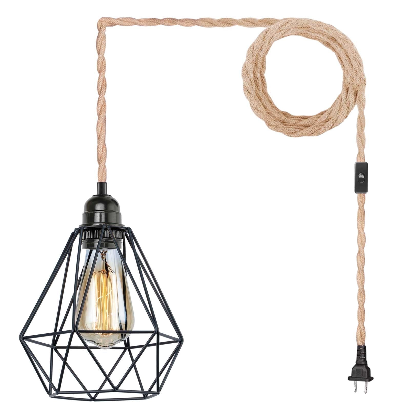 14.9ft Hanging Pendant Light Kit Farmhouse Hemp Rope Light Cord Metal Cage Lampshade Lighting Fixture with Switch Plug in for Bedroom Living Room Kitchen DIY Decor UL Listed E26