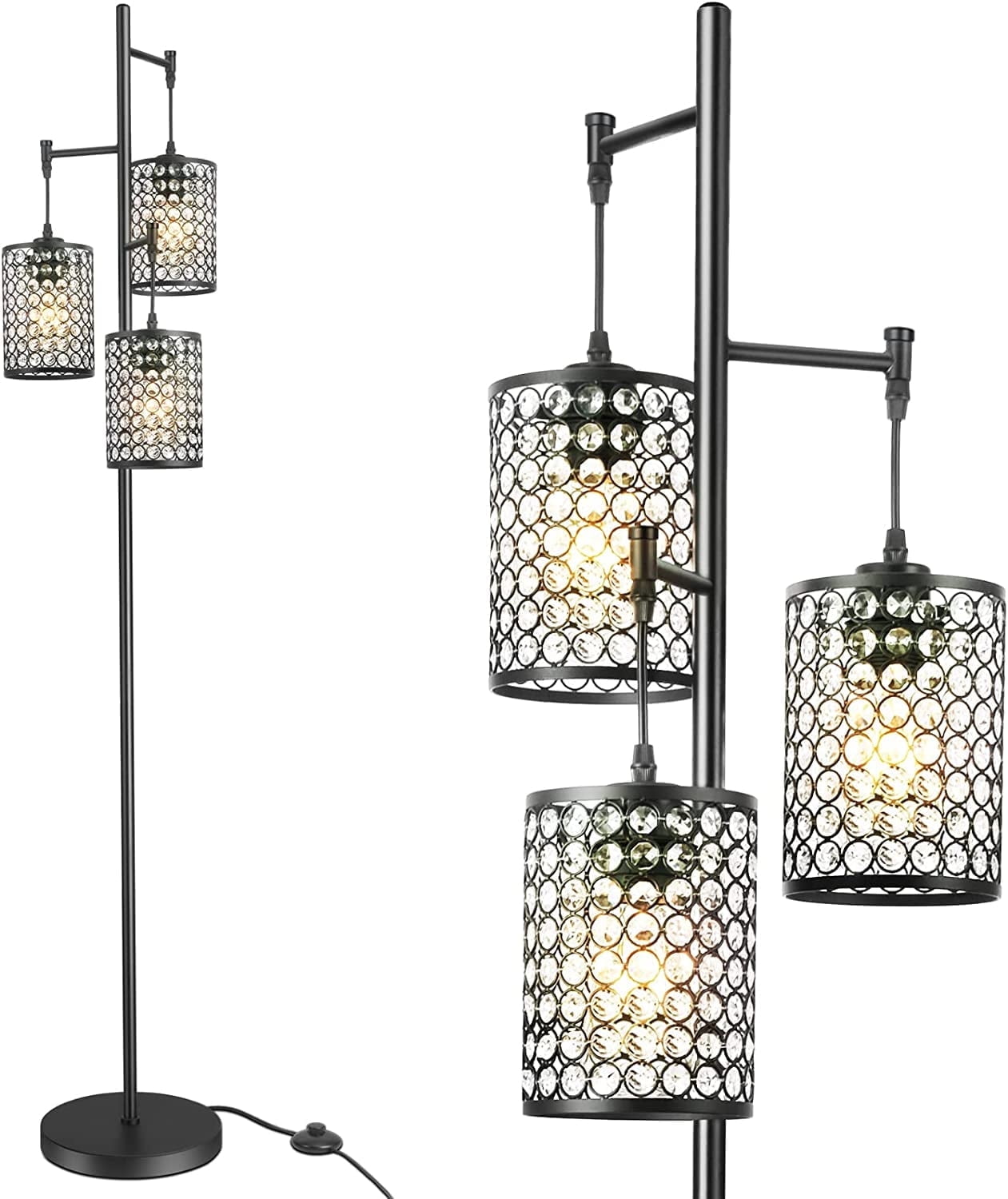 EE Eleven Master 3-Light Modern Black Tree Floor Lamp with Crystal Birdcage Shades