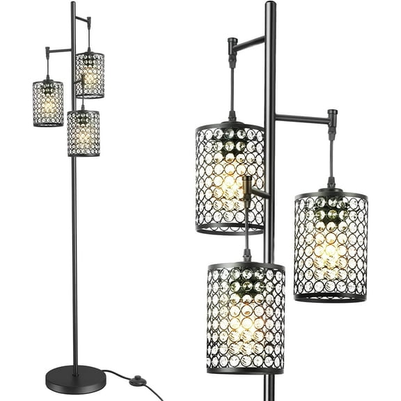 EE Eleven Master 3-Light Modern Black Tree Floor Lamp with Crystal Birdcage Shades