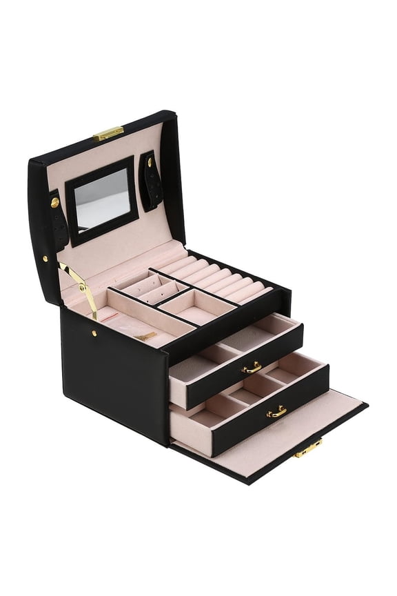 EECOO New Fashion Portable Cuboid Three Layers Jewelry Boxes with Lock Leather Storage Box,Black