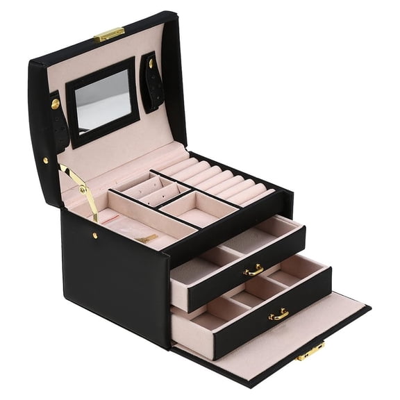 EECOO New Fashion Portable Cuboid Three Layers Jewelry Boxes with Lock Leather Storage Box,Black