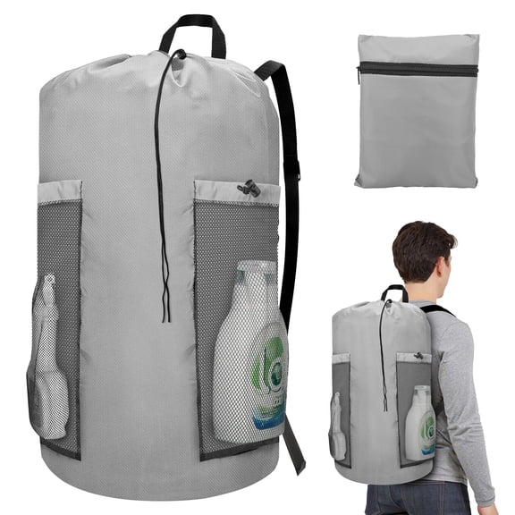 EEEKit Backpack Laundry Bag, 120L Extra Large Laundry Backpack, Portable Laundry Hamper Bag, Travel Laundry Bag for College, Laundromat, Apartment, Gray