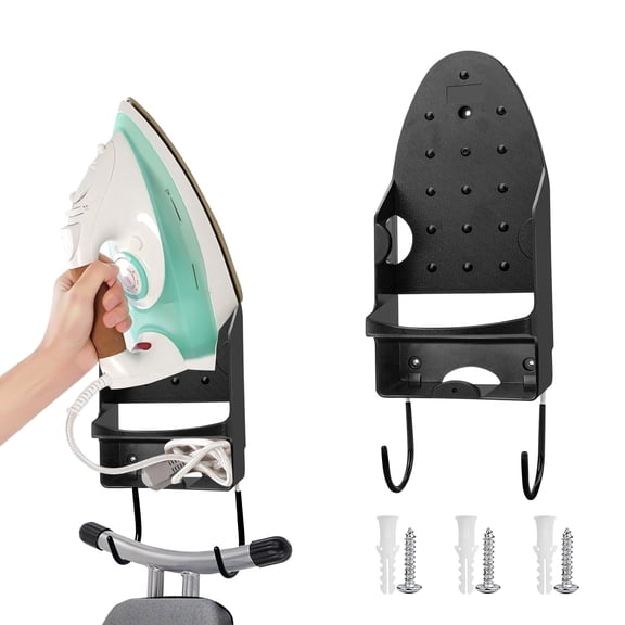 EEEKit Wall Mount Ironing Board Hanger with Iron Holder, Ironing Board Storage Organizer Rack with Hooks for Laundry Room Bathroom, Black