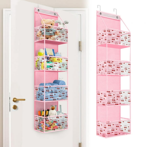 EEEKit Over The Door Organizer with 4 Large Pockets, Heavy Duty Hanging Storage Organizer with Clear Window for Toys Cosmetics Sundries Diapers, Pink