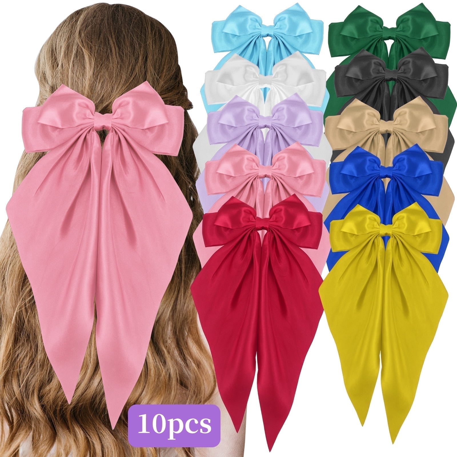 10PCS Oversized Big Bow Hair Clips, Colorful Satin Long Tails Hair Ribbons Hair Accessories