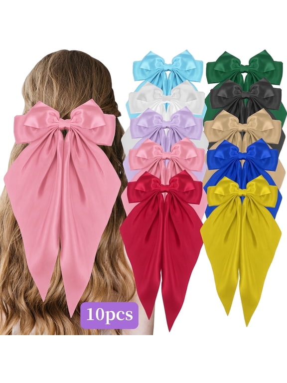 10PCS Oversized Big Bow Hair Clips, Colorful Satin Long Tails Hair Ribbons Hair Accessories