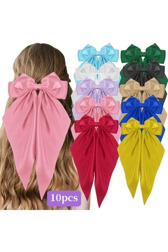10PCS Oversized Big Bow Hair Clips, Colorful Satin Long Tails Hair Ribbons Hair Accessories