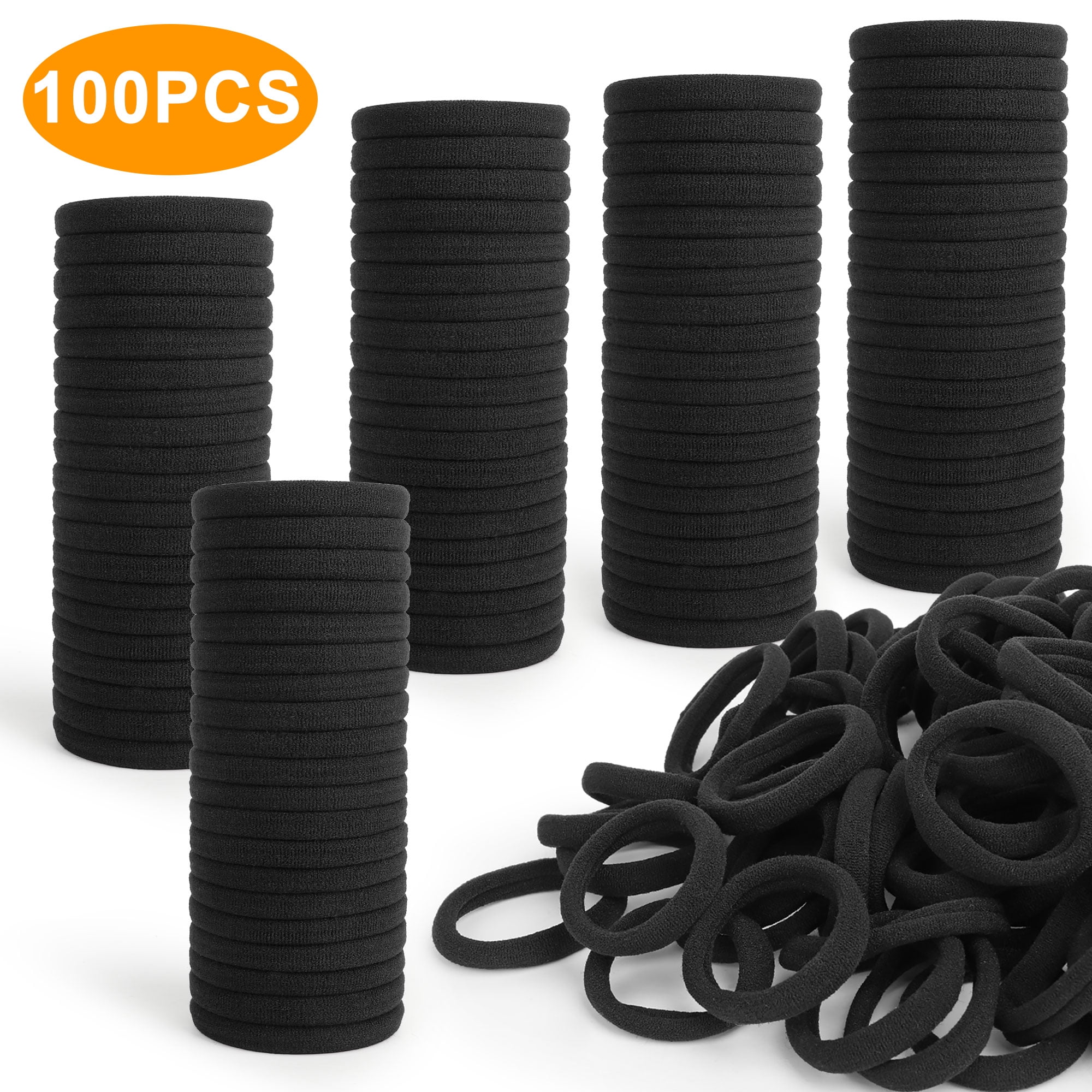 EEEkit 100pcs Seamless Thick Hair Ties for Women, Black Cotton Elastic