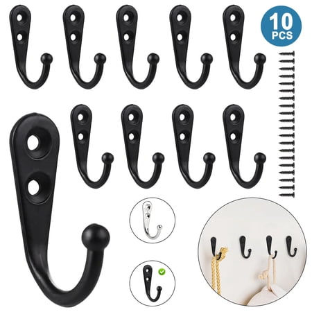 EEEkit 10Pcs Coat Hooks Heavy Duty Wall Mount Robe Hangers with Screws, 11lb Limited (Black)