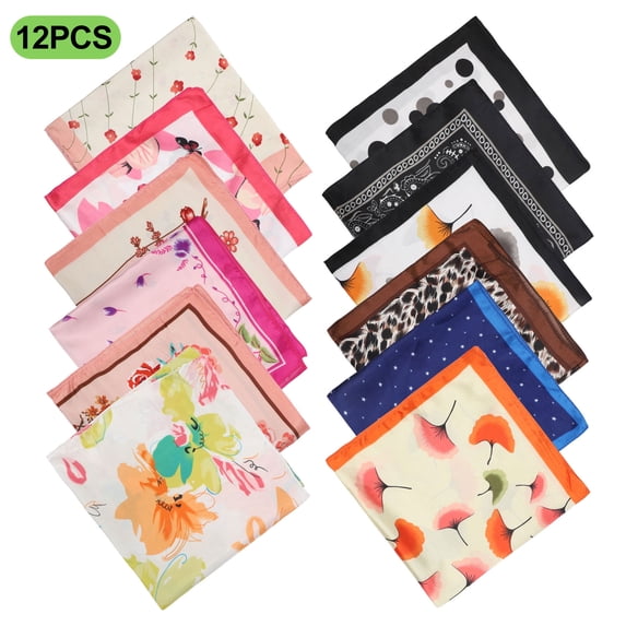 EEEkit 12pcs Silk Feeling Square Scarves for Women, Mixed Color Hair Neck Head Scarf Set, Handkerchief Bandanas, 19.6in