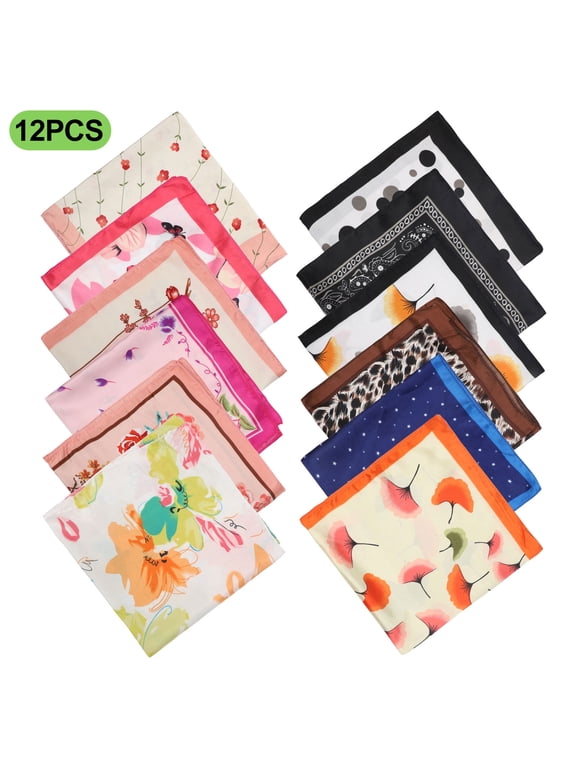 12pcs Silk Feeling Square Scarves for Women, Mixed Color Hair Neck Head Scarf Set, Handkerchief Bandanas, 19.6in