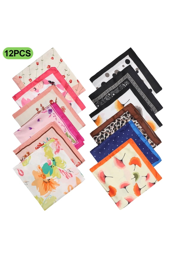 12pcs Silk Feeling Square Scarves for Women, Mixed Color Hair Neck Head Scarf Set, Handkerchief Bandanas, 19.6in