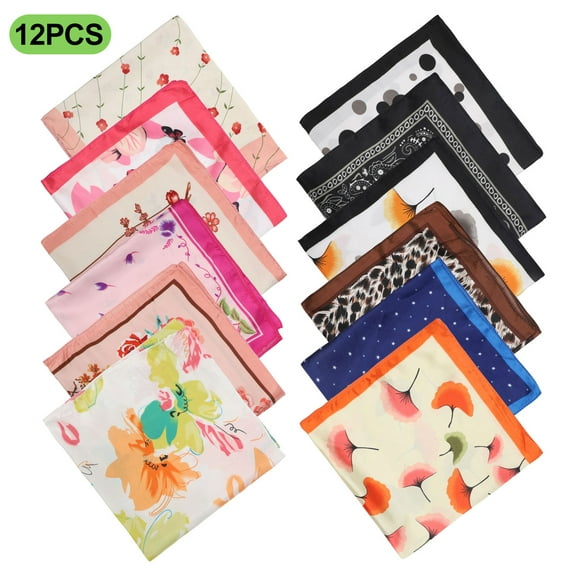 EEEkit 12pcs Silk Feeling Square Scarves for Women, Mixed Color Hair Neck Head Scarf Set, Handkerchief Bandanas, 19.6in
