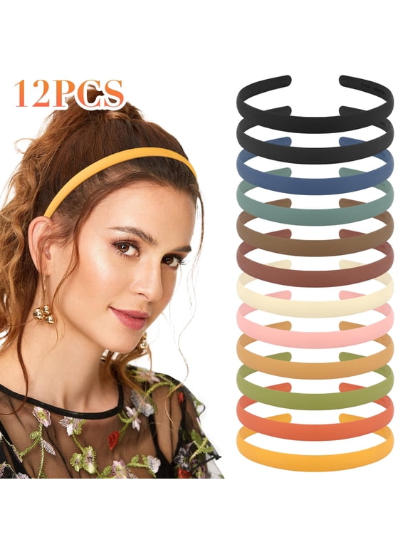 12pcs Thin Plain Plastic Headbands, Elastic No Slip Hair Bands with Teeth, Skinny Headbands for Girls, 12mm