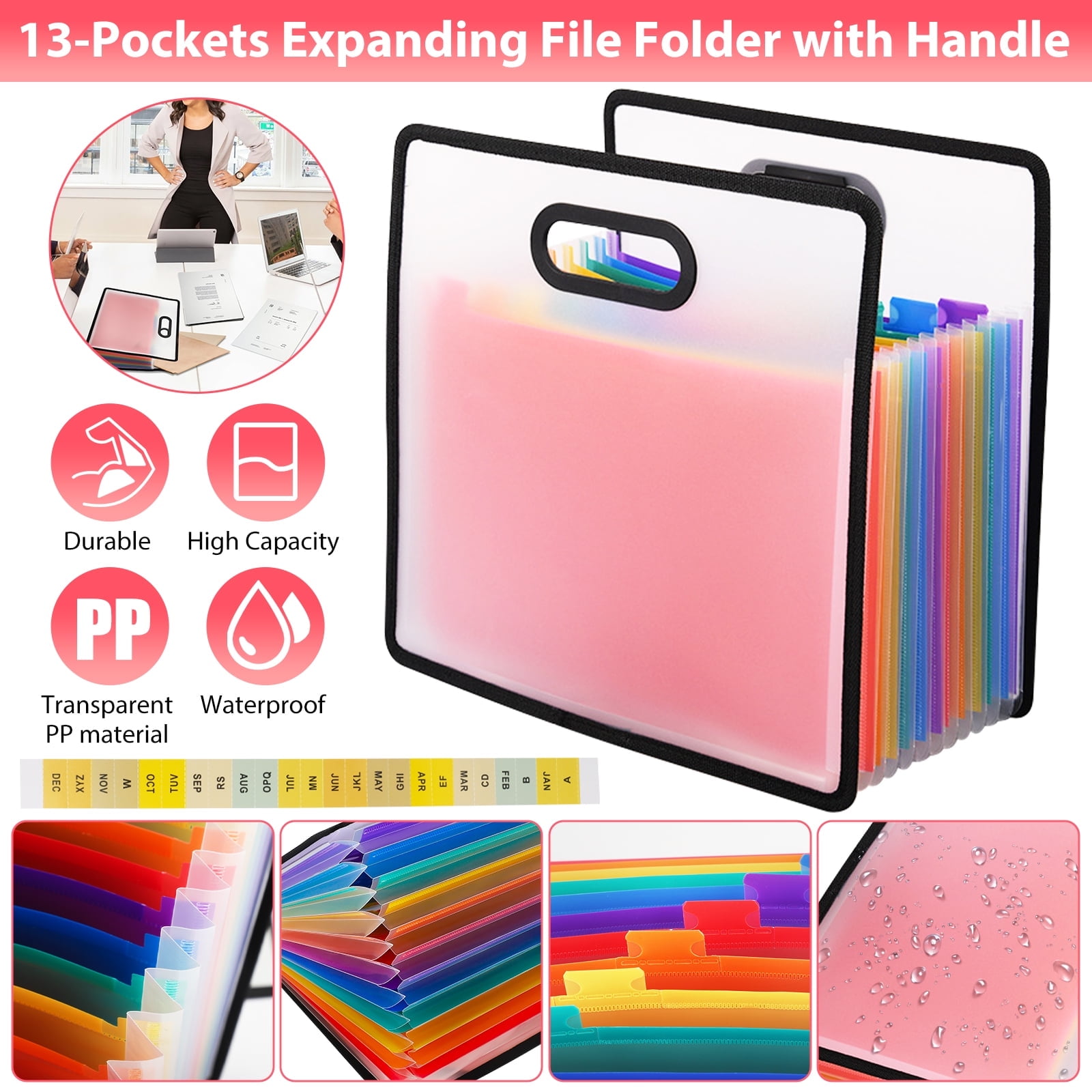 EEEkit 13 Pocket Expanding File Folder with Handle, A4 Letter Size Document Accordion Folder with Sticky Labels - Pink