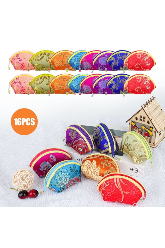 16pcs Silk Coin Purse, Embroidery Sugar Jewelry Bag, Lipstick Container, Brocade Coin Wallet Gift Bag with Zipper