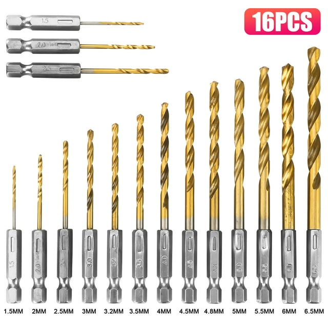 EEEkit 16pcs Titanium Coated Twist Drill Bits, 1/4" Hex Shank High