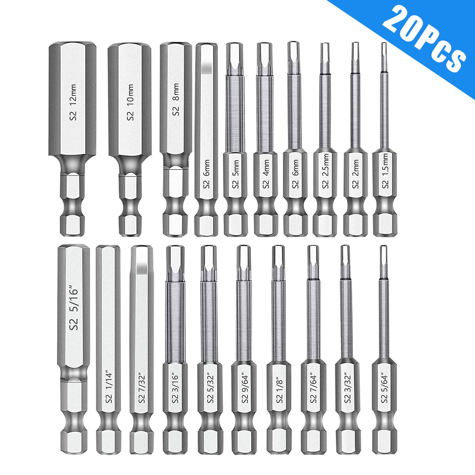 REXBETI 20 Piece Hex Head Allen Wrench Screwdriver Bit Set, SAE Metric 1/4  Inch Hex Shank S2 Steel Magnetic 2.3 Inch Long Drill Bits wi