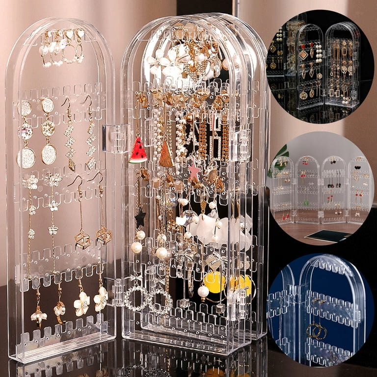 EEEkit 240 Holes 5 Tiers Acrylic Earrings Holder, Double Side Jewelry Hanger Organizer, 4 Doors Foldable Necklaces Bracelets Hanging Organizer, Clear
