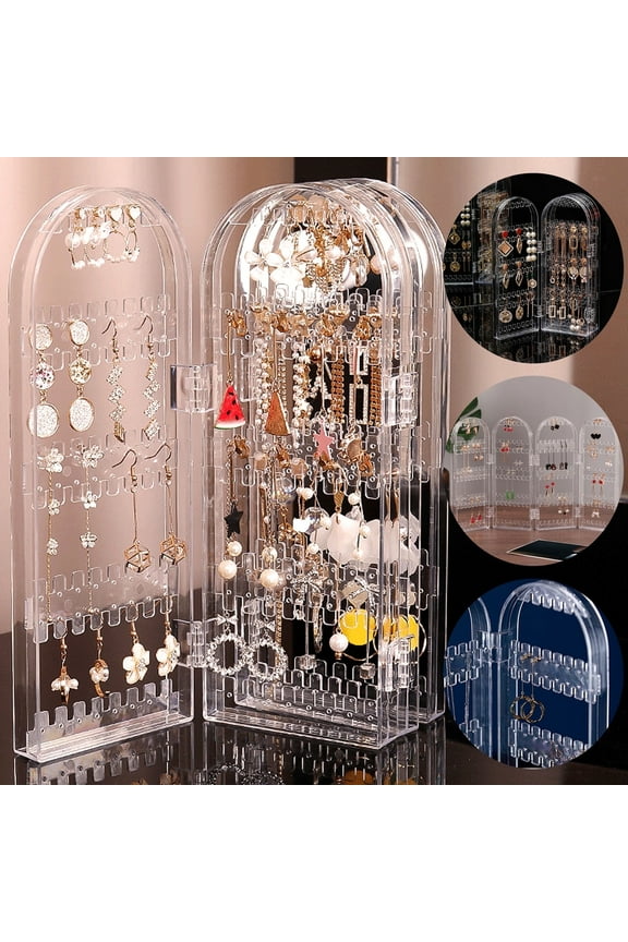 240 Holes Acrylic Earrings Holder, Double Side Jewelry Organizer, 4 Doors Foldable Clear Necklaces Display Stand