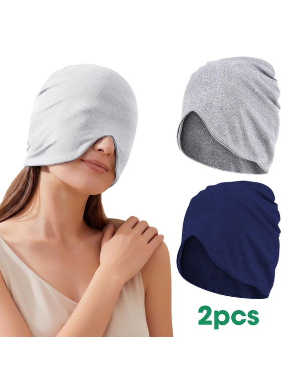 2pcs Full Face Sleep Cap with Eye Cover, Soft Cotton Night Beanie, Slouchy Beanie Sleep Hat, Stretchy Skull Cap Bonnet Hair Wrap