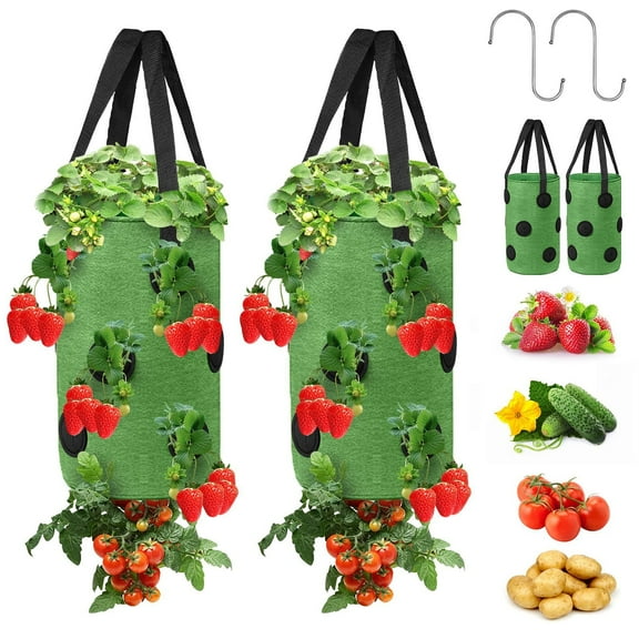 2pcs Planting Bag, EEEkit 13 Holes Garden Hanging Plant Grow Bags for Strawberry Tomato, Green