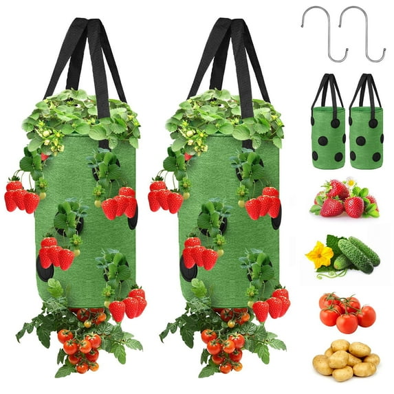 2pcs Planting Bag, EEEkit 13 Holes Garden Hanging Plant Grow Bags for Strawberry Tomato, Green