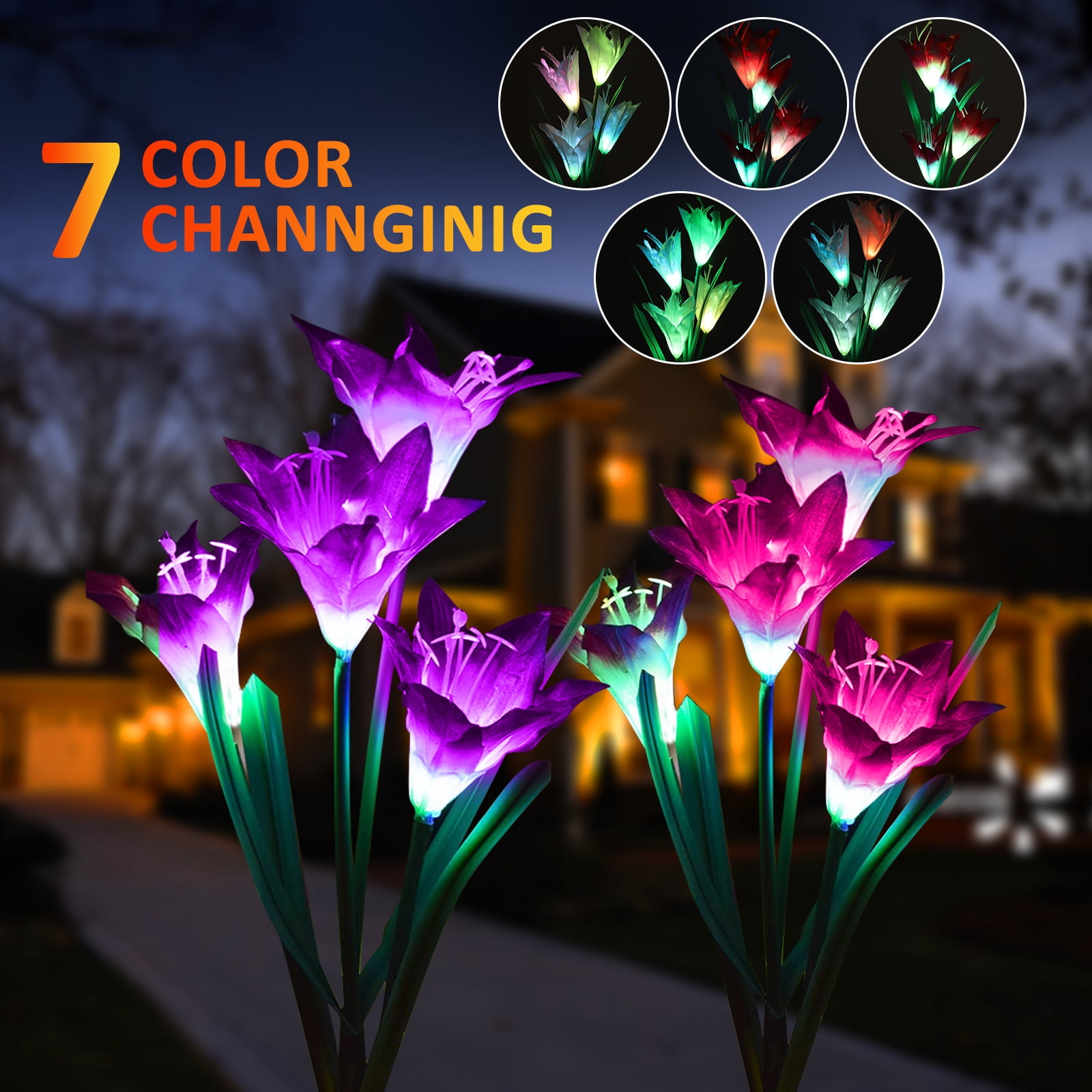 EEEkit 2pcs Solar Garden Stake Lights 8 Lily Flower Decorative Lights for Outdoor Colorful