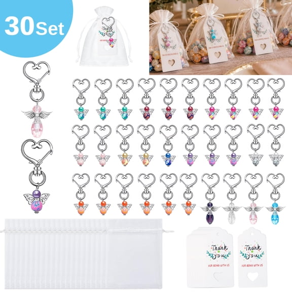 EEEkit 30 Sets Angel Keychain with Organza Gift Bags and Thank You Favor Tags, Multicolor Crystal Angel Keychain Favors Set, Guest Return Gifts for Baptism Favors, Birthday, Wedding