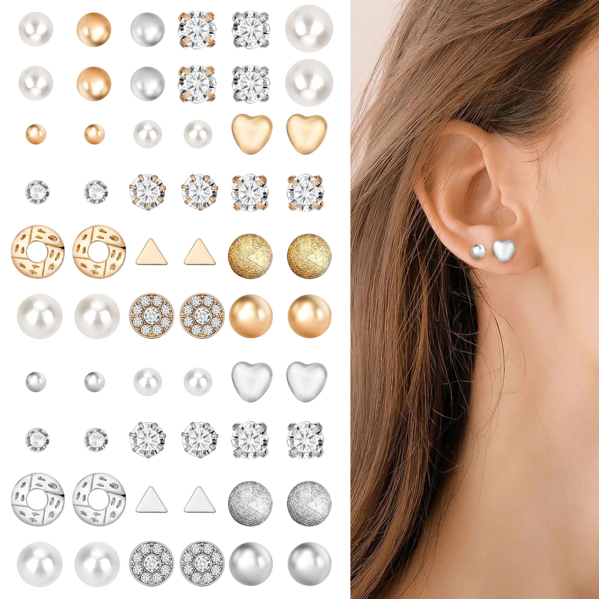 EEEkit 30pairs Metal Pearl Stud Earrings, Classic Zircon Crystal Stud