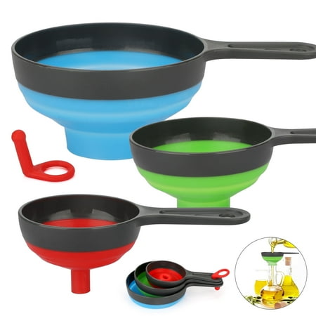 EEEkit 3pcs Kitchen Collapsible Funnels, Silicone Wide Mouth Funnels for Food Transfer, Large + Medium + Small Set