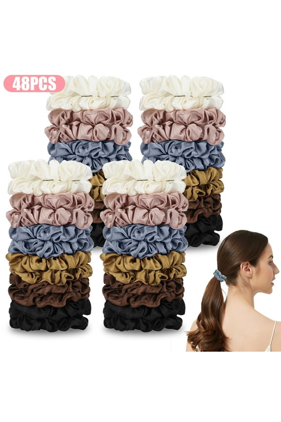 48pcs Satin Hair Scrunchies for Women Girls, Elastic Hair Bands, Multicolor Ponytail Holders