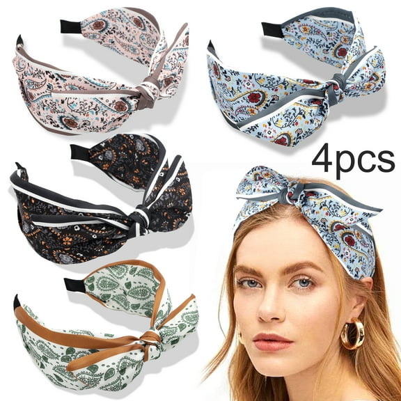 EEEkit 4pcs Boho Bow Headbands, Wide Knotted Floral Hairbands for Women, Fashion Hair Accessories