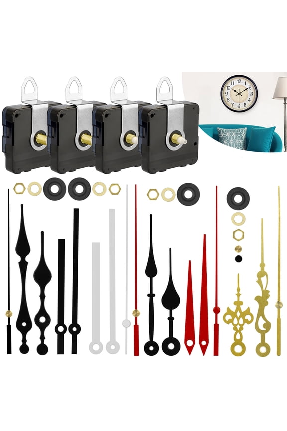 4pcs DIY Wall Quartz Clock Movement Mechanism, Battery Operated Clock Motor Kit, DIY Repair Parts Replacement with 6 Sets of Hands (0.7inch/ 18mm, Red, White, Black, Gold)
