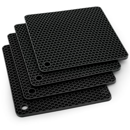 EEEkit 4pcs Silicone Pot Holders, Heat Resistant Trivets, Hot Pads for Kitchen, 7 x 7", Square, Black