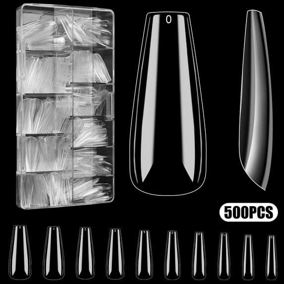 EEEkit 500pcs Long Coffin Nail Tips, 10 Sizes Clear Full Cover False Artificial Nails