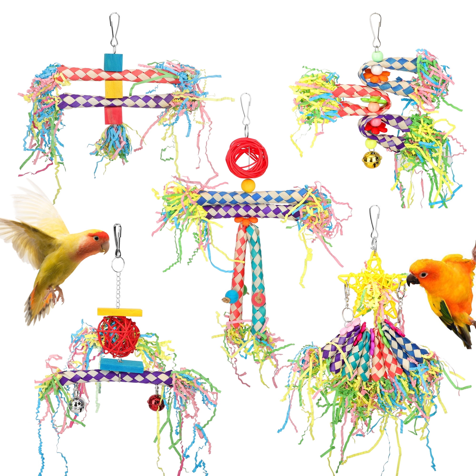 View of EEEkit 5pcs Bird Chewing Toys, Bird Cage Foraging Hanging Shredder Toys ...