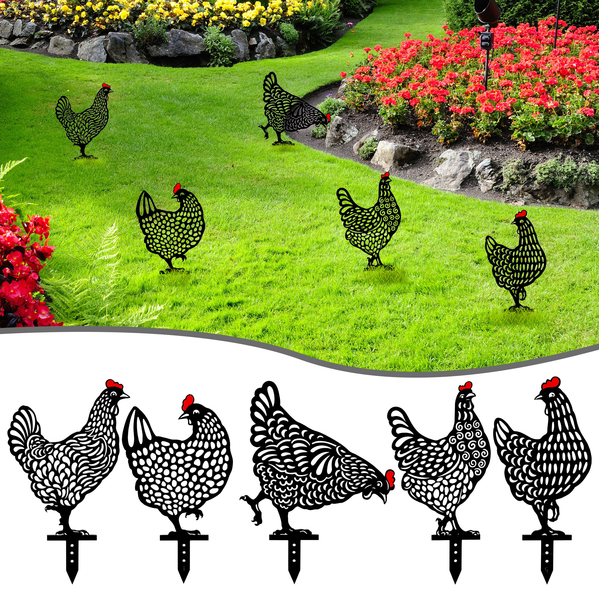 EEEkit 5pcs Garden Rooster Decorative Stakes, Chicken Silhouette Art Hollow Out Animal Shape Decors for Outdoor, Black - image 1 of 5