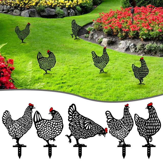 EEEkit 5pcs Garden Rooster Decorative Stakes, Chicken Silhouette Art Hollow Out Animal Shape Decors for Outdoor, Black