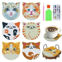 EEEkit 6pcs 5D Diamonds Painting Cat Coasters with Holder for Adults Beginners