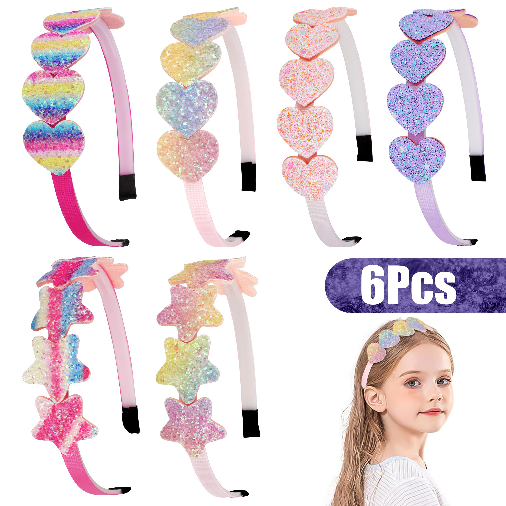EEEkit 6pcs Girls Glitter Headbands, Heart Star Hairband, Cute Hair