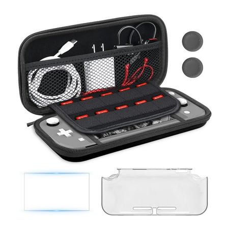EEEkit 7-in-1 Carrying Case Fit for Nintendo Switch Lite, Hard Protective Case Travel Bag with Clear Cover and Thumb Caps, Black