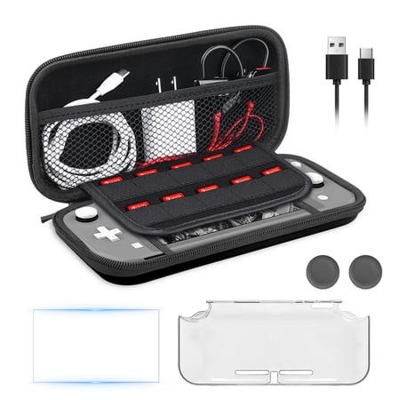 EEEkit 8-in-1 Accessories Bundle Fit for Nintendo Switch Lite with Carrying Case, Clear Cover Case, Screen Protectors, Charging Cable, Thumbstick Caps