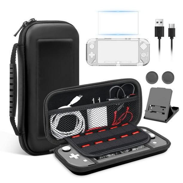 EEEkit 9-in-1 Accessories Bundle Fit for Nintendo Switch Lite – Shockproof Hard Shell Travel Carrying Case, Clear Protective Cover, Screen Protector, Stand, Thumb Grips, Type C Cable