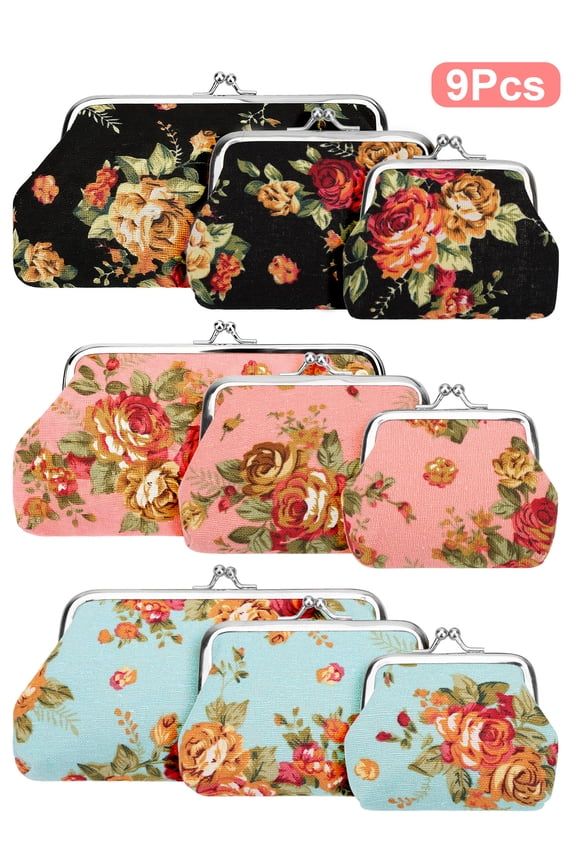 9pcs Canvas Floral Buckle Coin Purses, Small Vintage Kiss Lock Change Pouch for Women, 3 Sizes