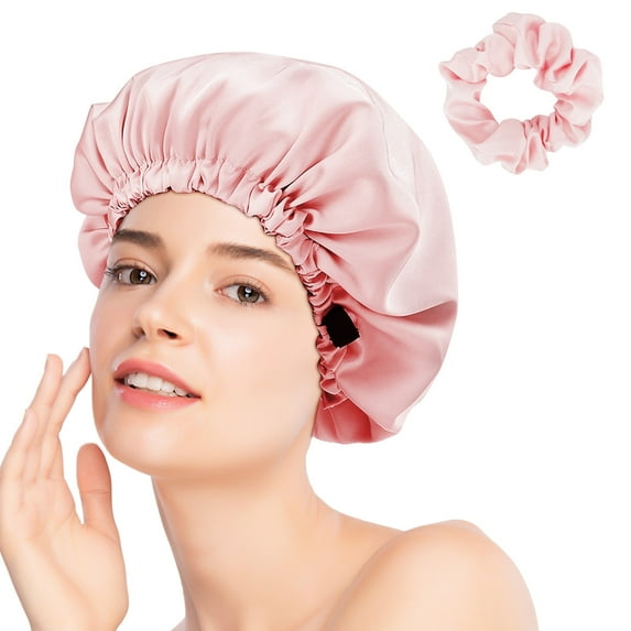 EEEkit Satin Sleeping Bonnet, Large Satin Sleep Bonnet with Hair Scrunchie, Adjustable Sleep Cap Hair Bonnet for Women with Curly, Braided or Natural Hair, Pink