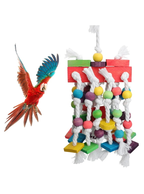 EEEkit Bird Toy, Colorful Wooden Beads Blocks, and Cotton Rope Toy for Climbing, Chewing, Unraveling